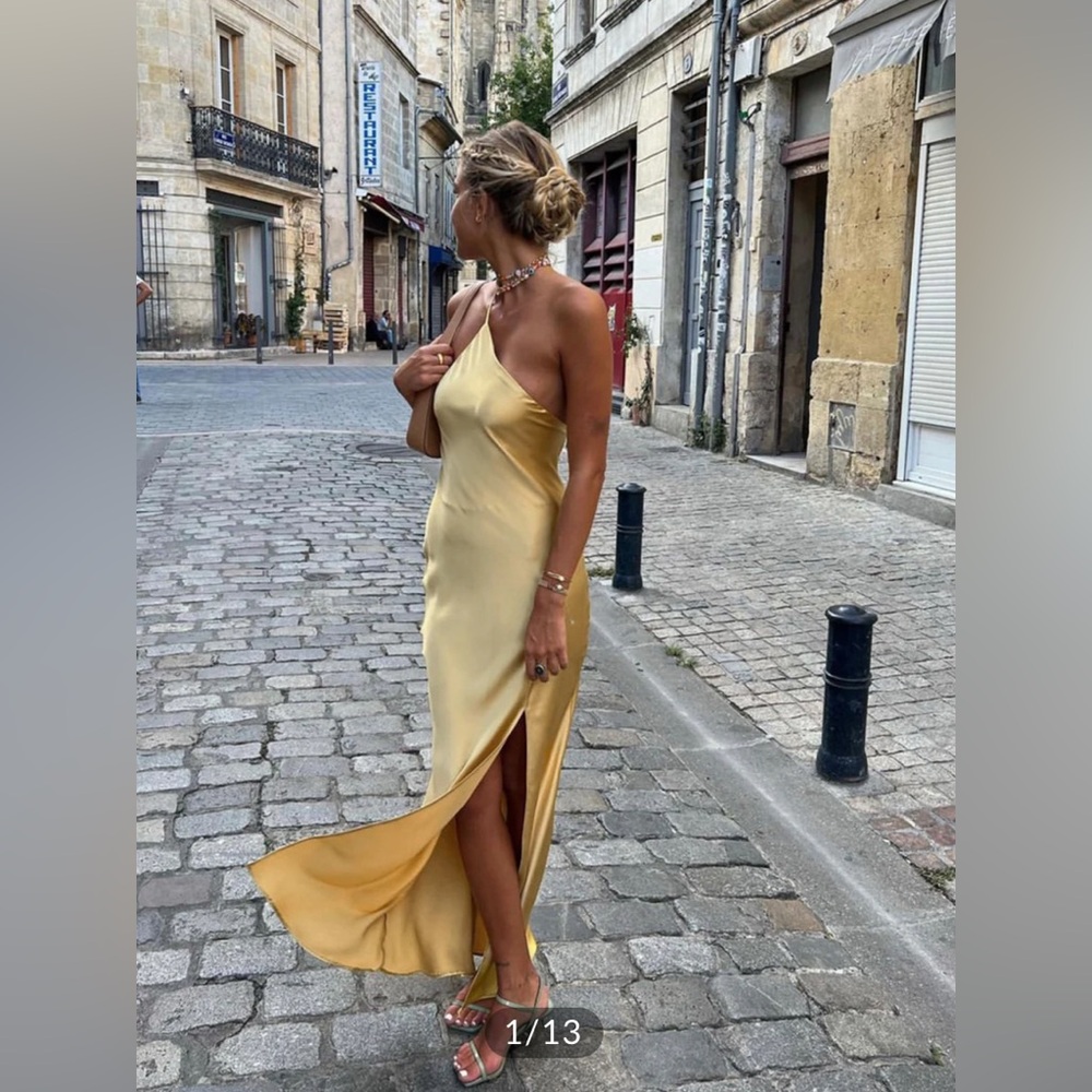 NEW With Tag Moonlight Open Back Satin Slit Long Dress. Yellow